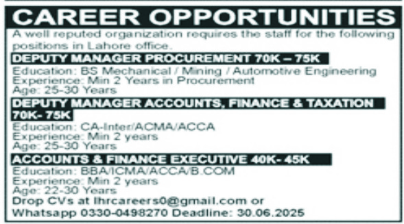 Manager Job in Private Organization in Lahore
